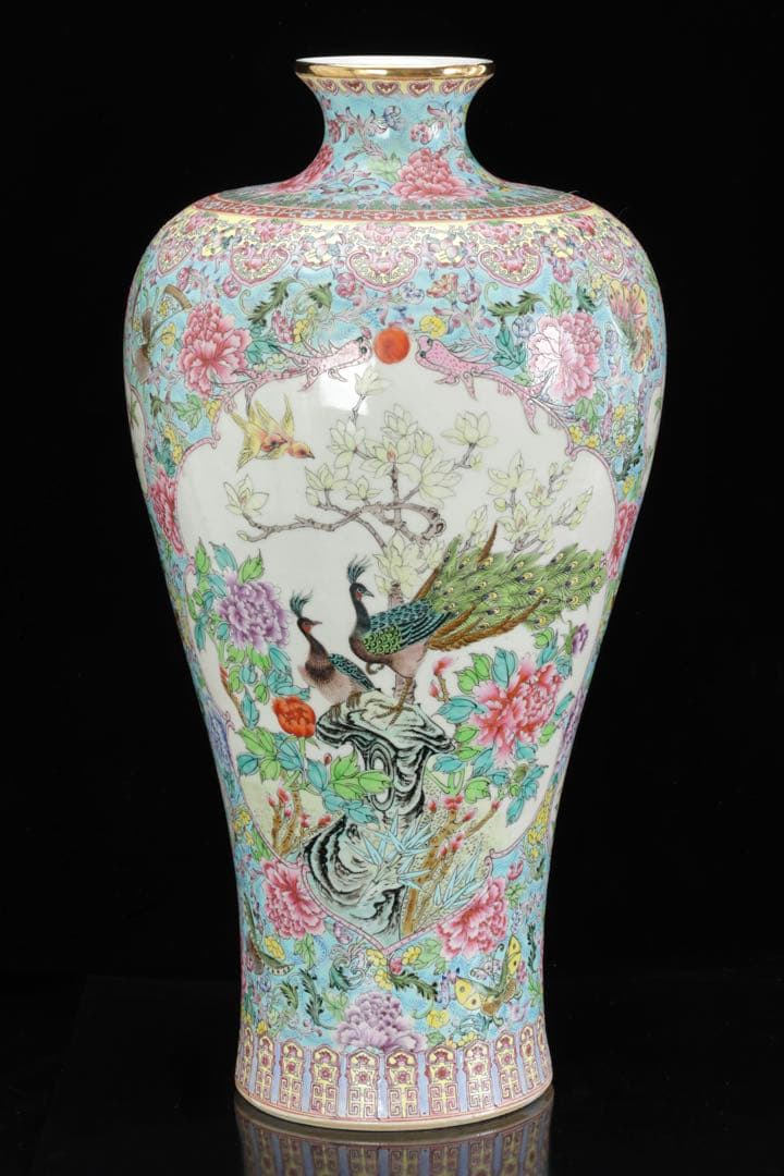 中国美術 乾隆年製銘 粉彩花鳥図大花瓶 孔雀牡丹図 五彩手描 飾壺 唐物 古美術