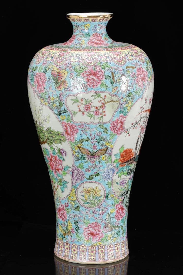 中国美術 乾隆年製銘 粉彩花鳥図大花瓶 孔雀牡丹図 五彩手描 飾壺 唐物 古美術