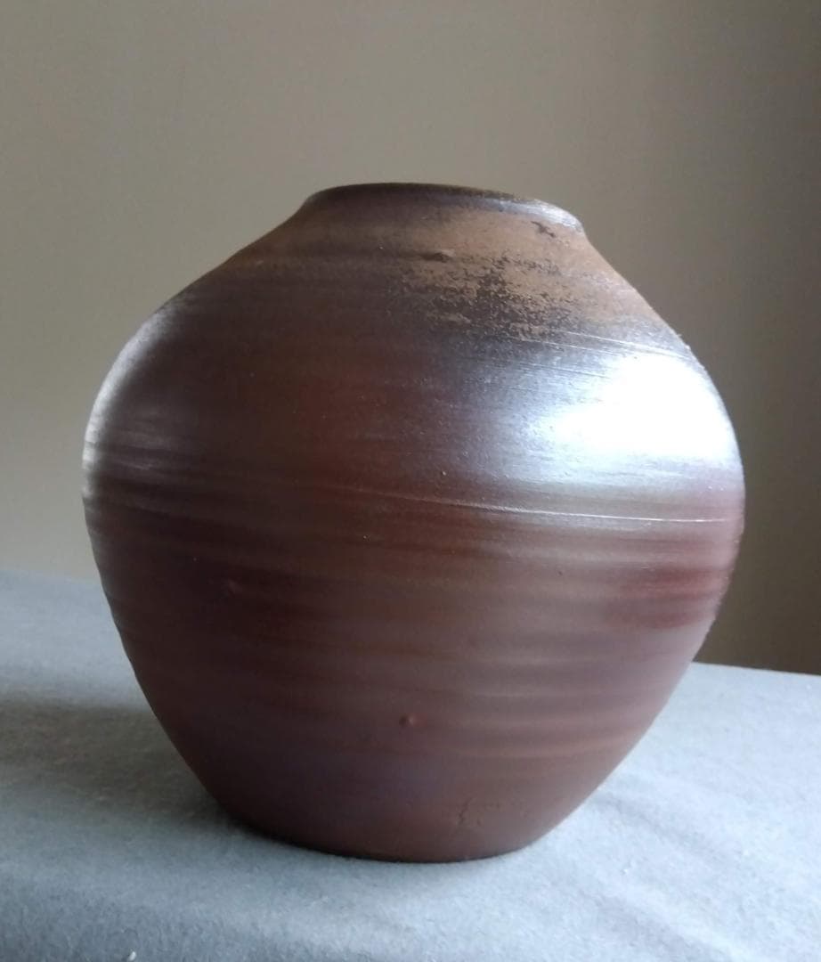 備前焼名工　幸崎達彦　落雁窯　還元焼成自然灰釉美逸品丸壺花器