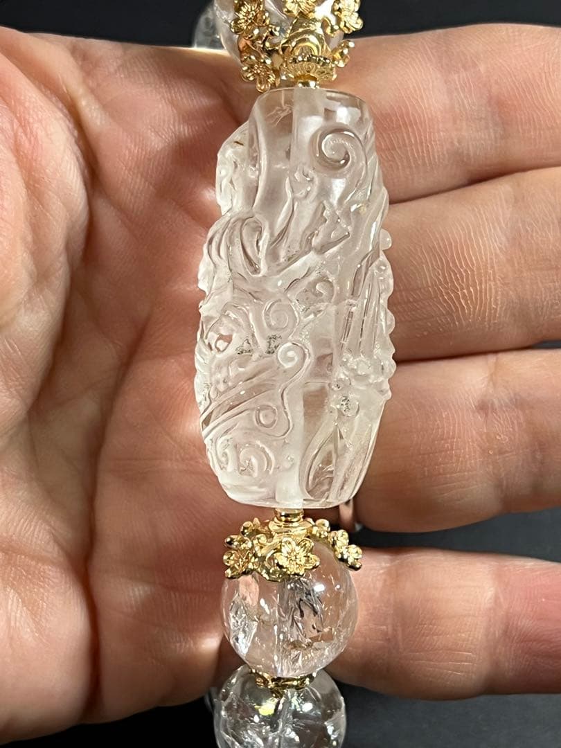 水晶の菩薩様両面彫り天珠と虹入りアイリスクォーツのブレスレット