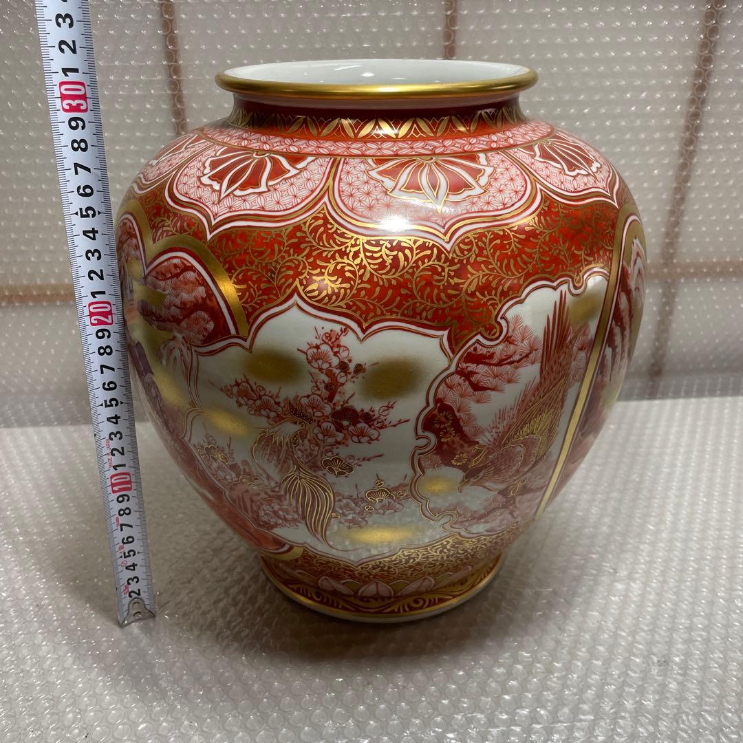 九谷焼 赤絵金彩 赤絵割取 大型 花瓶 花器 華道具