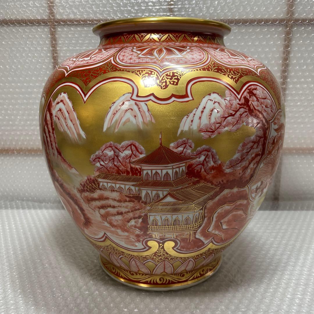 九谷焼 赤絵金彩 赤絵割取 大型 花瓶 花器 華道具