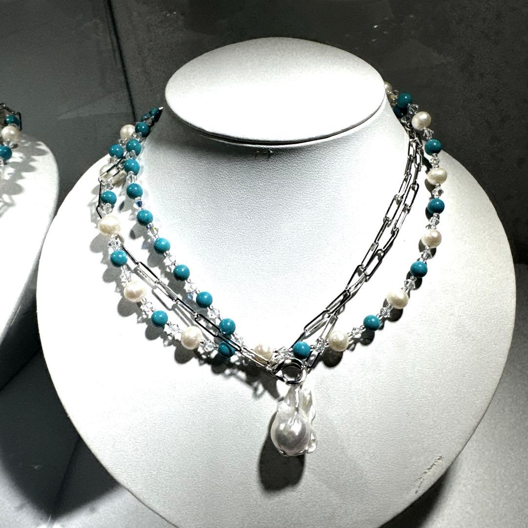 トルコ石淡水パールオイスター淡水パールネックレスNO25-2173