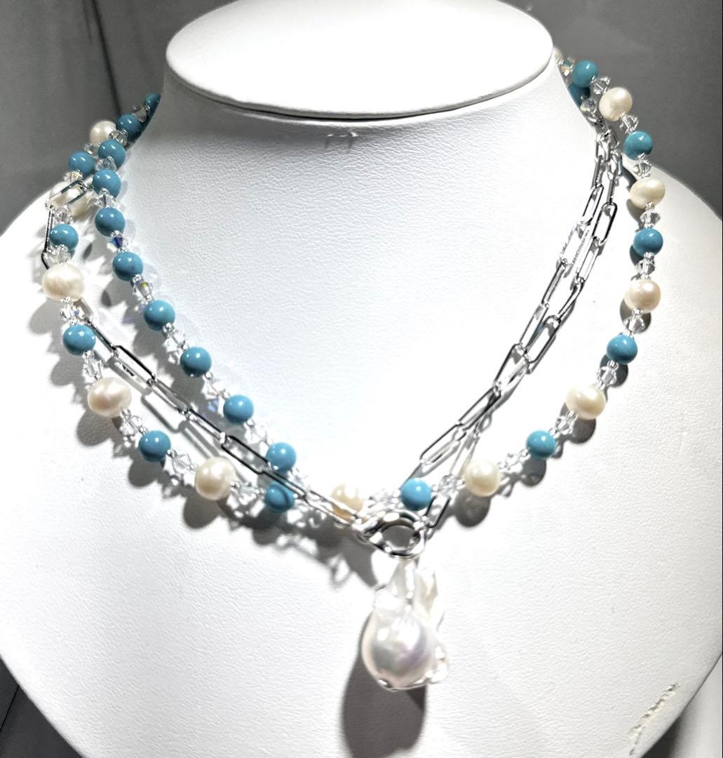 トルコ石淡水パールオイスター淡水パールネックレスNO25-2173