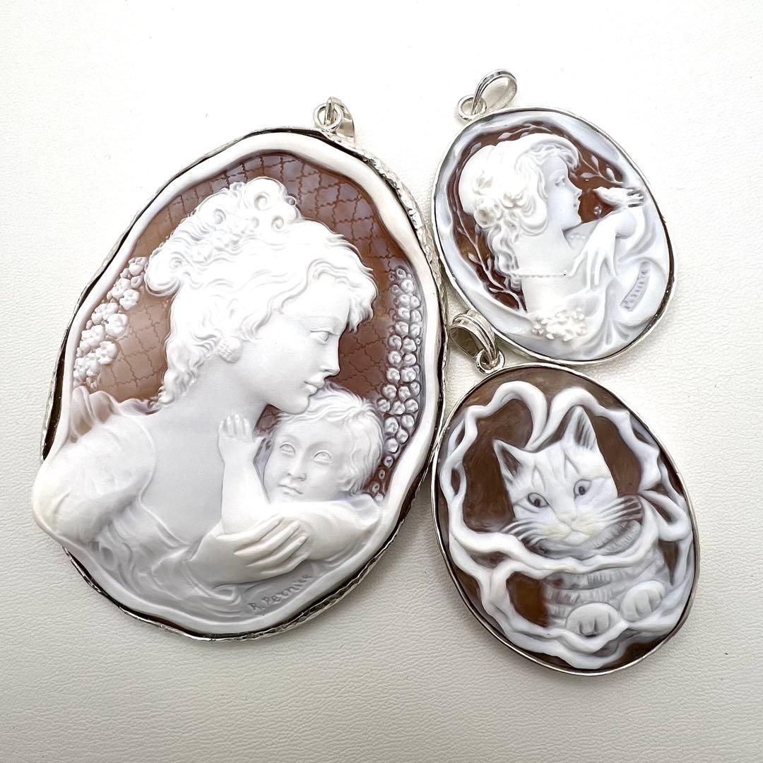カメオ ラファエル　ペルニーチェ　作　シルバー槌目枠　チタンネックレス付き