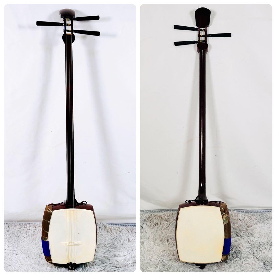 長唄三味線　中棹　紫檀　正寸　丸打胴　本皮　皮破れなし　二本溝