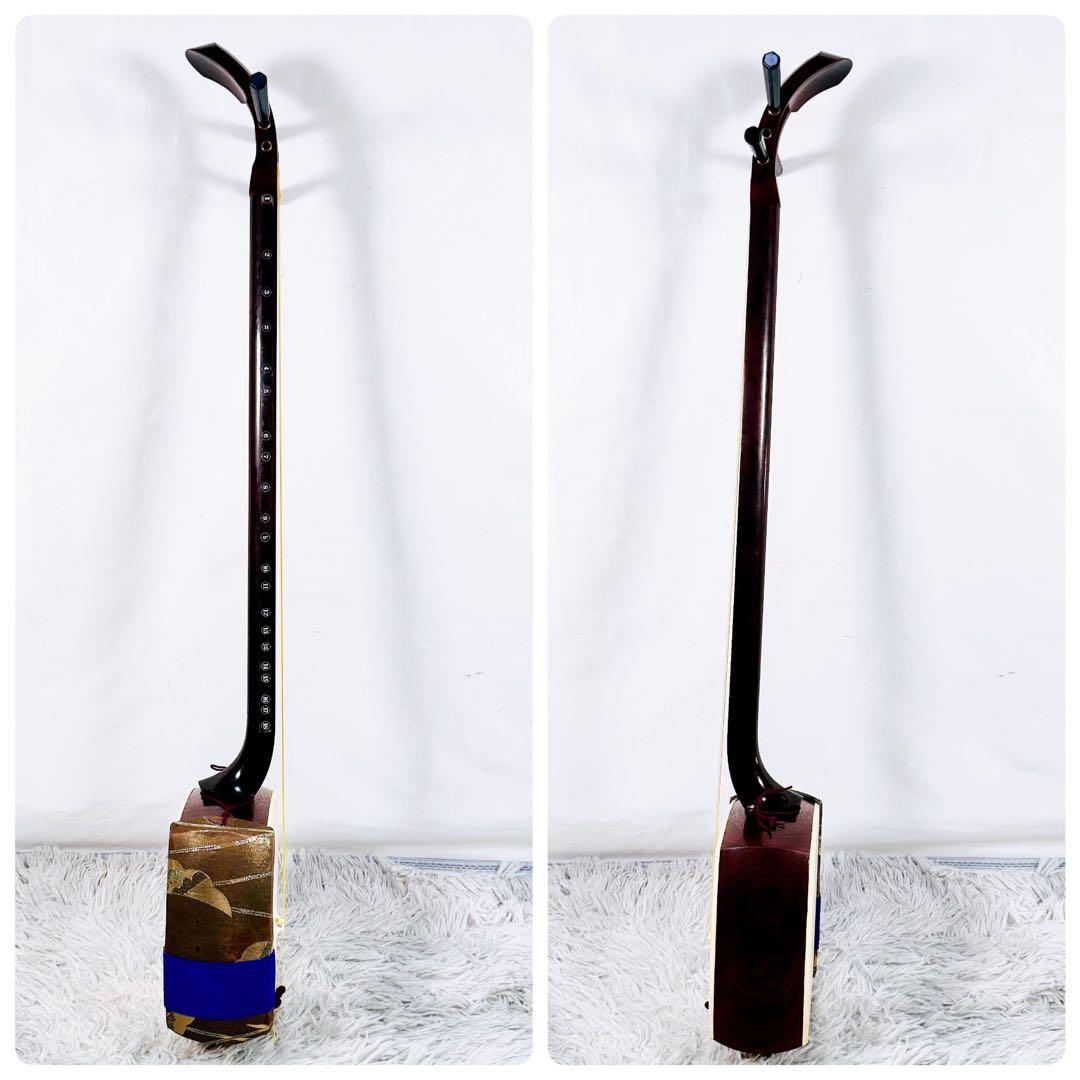 長唄三味線　中棹　紫檀　正寸　丸打胴　本皮　皮破れなし　二本溝