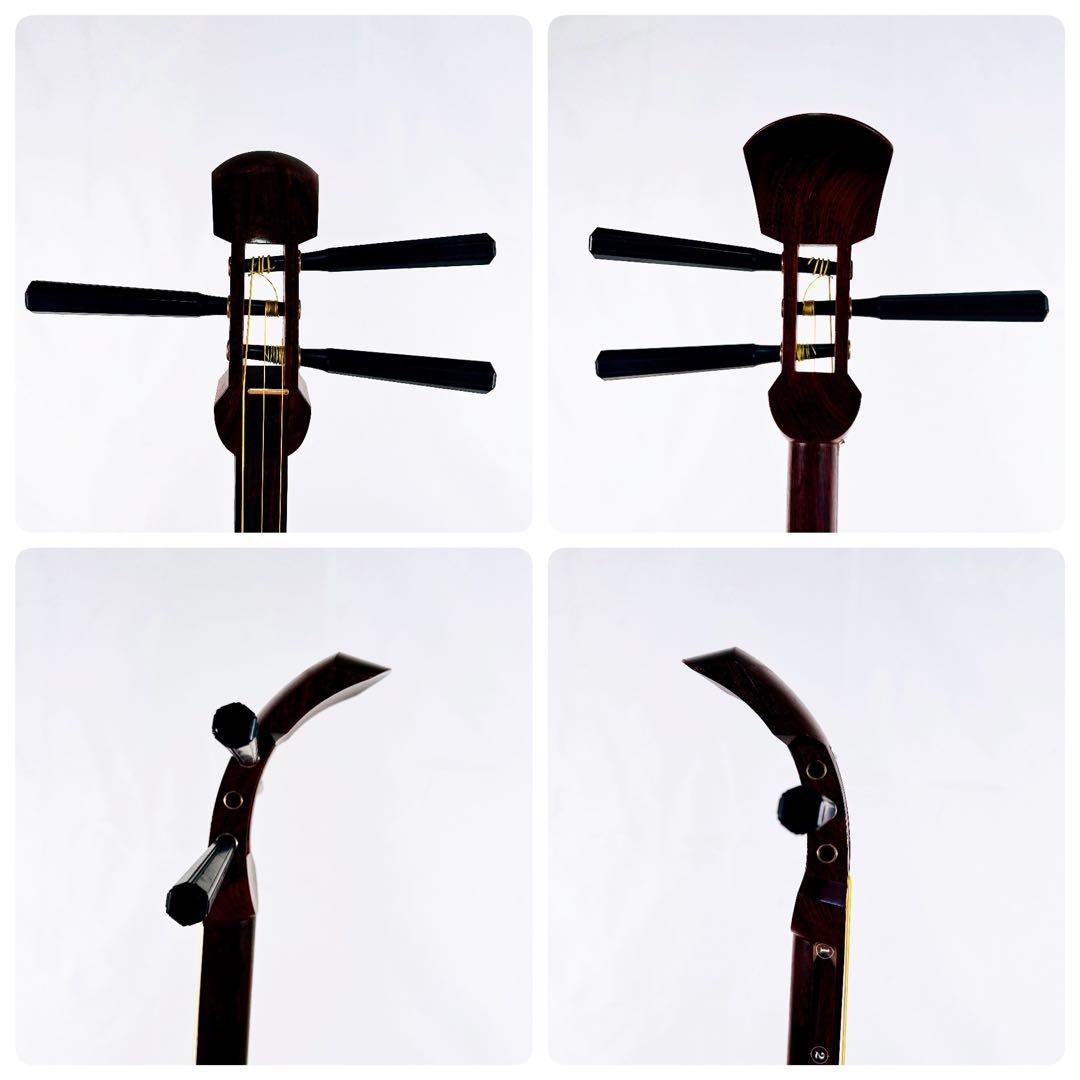 長唄三味線　中棹　紫檀　正寸　丸打胴　本皮　皮破れなし　二本溝