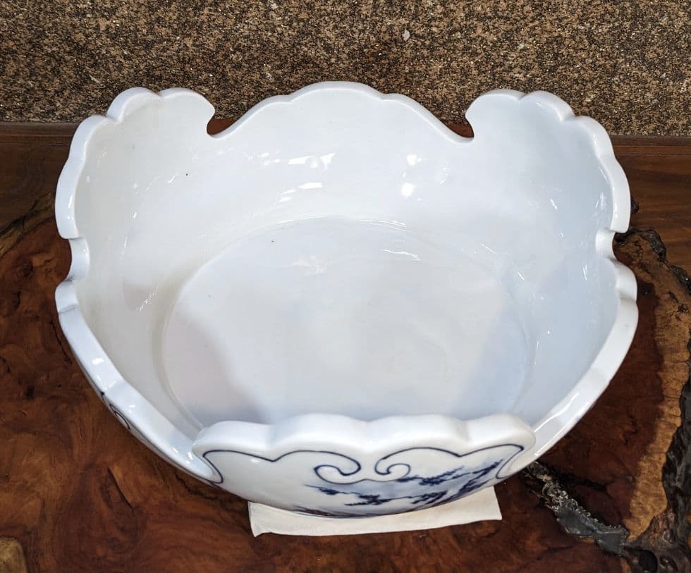 未使用　有田焼　沈香壺　染付　神右衛門作　総手描　特大八角壺　山水絵 三段飾り壷