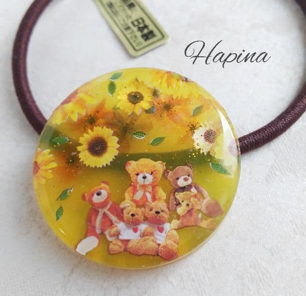 テディベア ひまわりデザインラウンドレジンヘアゴム