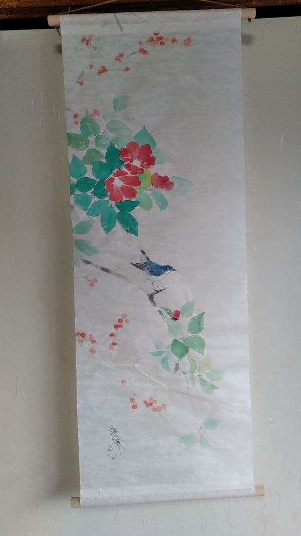 手描き和紙タペストリー(花鳥画/椿・ルリビタキ)
