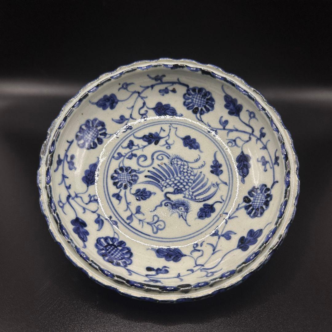 L112 青花手描き鳳着牡丹磁器皿