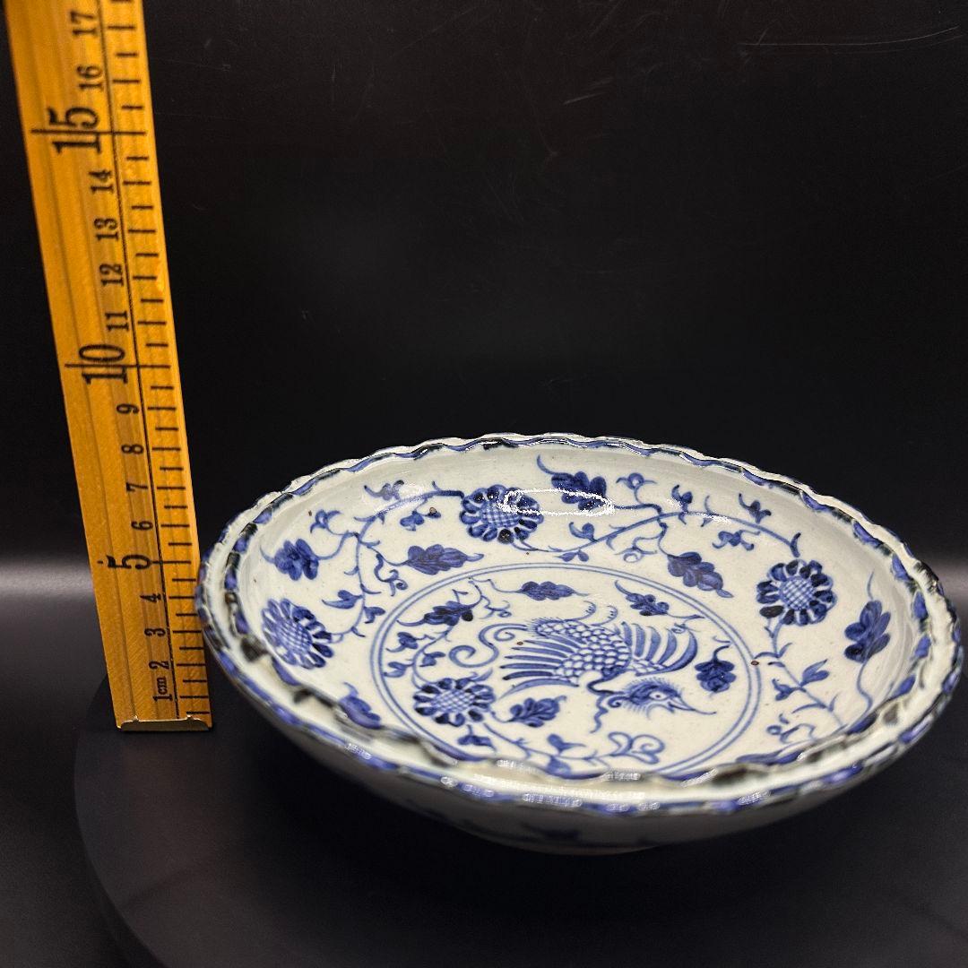 L112 青花手描き鳳着牡丹磁器皿