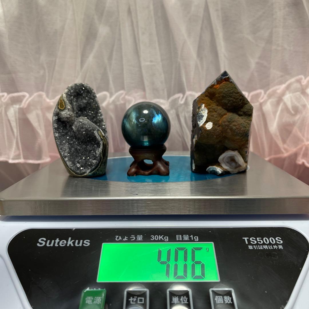 天然石 アメジストクラスター ラブラドライト　六角柱 原石3点セット