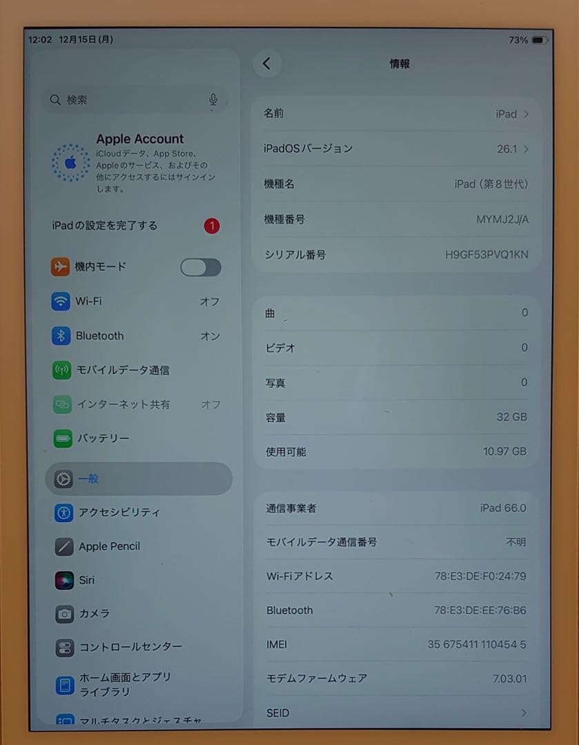 完動品SIMフリーiPad第8世代(A2429)本体32GB送料込04545