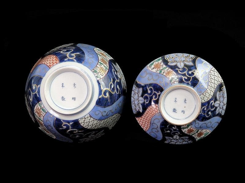 古伊万里　染錦　捻り紋　花の図　蓋茶碗　江戸期　E545AS-CIp