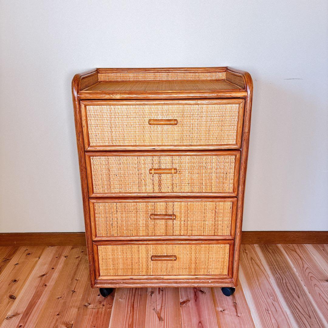【良品】 カザマ Kazama ラタン 籐 チェスト 4段 キャスター付き