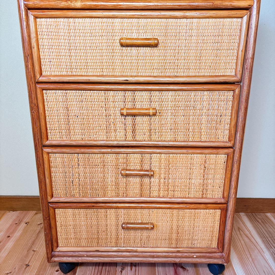 【良品】 カザマ Kazama ラタン 籐 チェスト 4段 キャスター付き