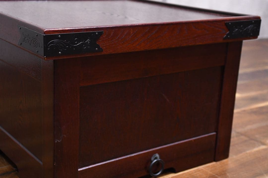 EAK76 けやき/欅 箱火鉢 角火鉢 抽斗付き 蓋付き収納庫 小物入れ