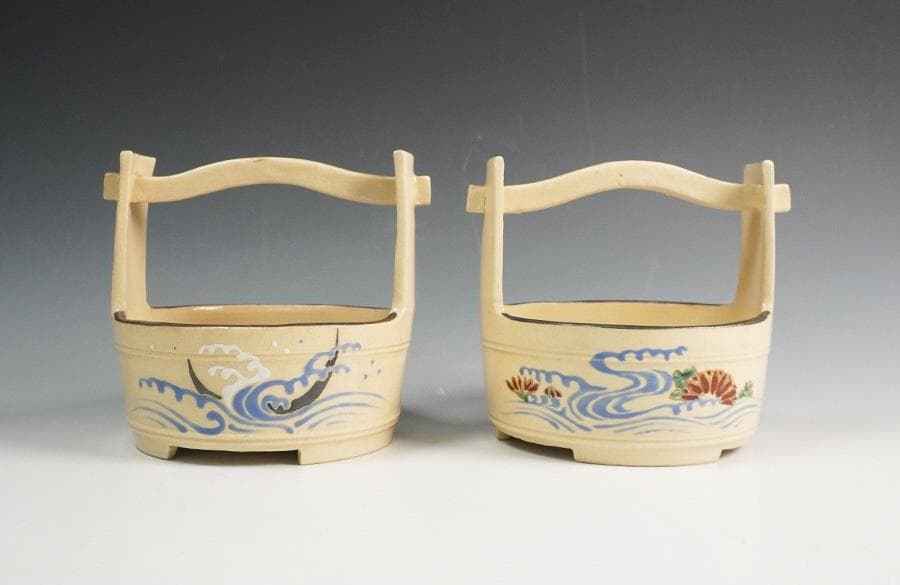 三浦竹軒 金彩 色絵 手桶 一双 茶器 共箱