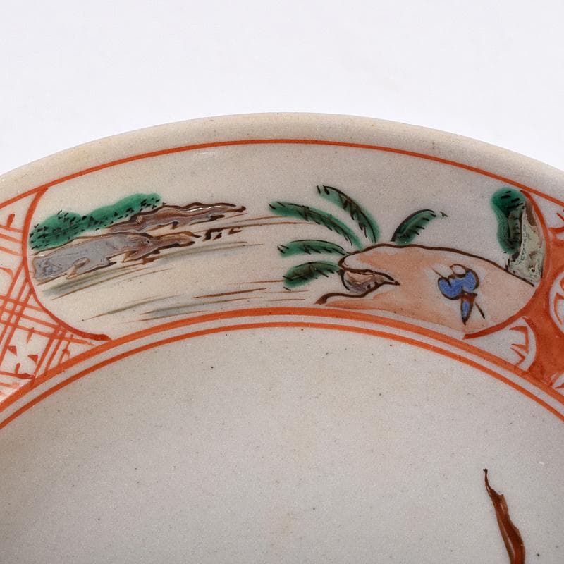 萬古焼　陶華園造　色絵　窓絵　山水人物花文　小皿　十客　共箱　M　R8897