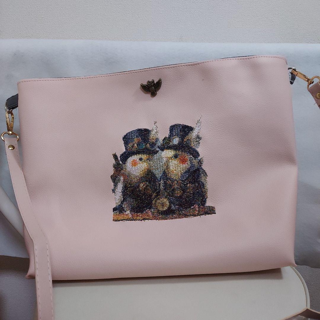 ピンク オカメインコ(鳥)刺繍 ショルダーバッグ スチームパンク