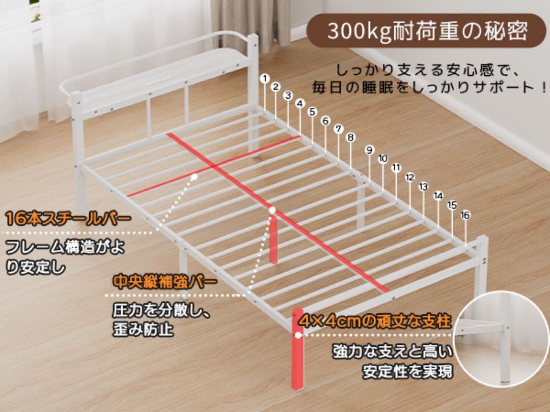 ベッドフレーム シングル ベッド コンセント USB&Type-C パイプベッド