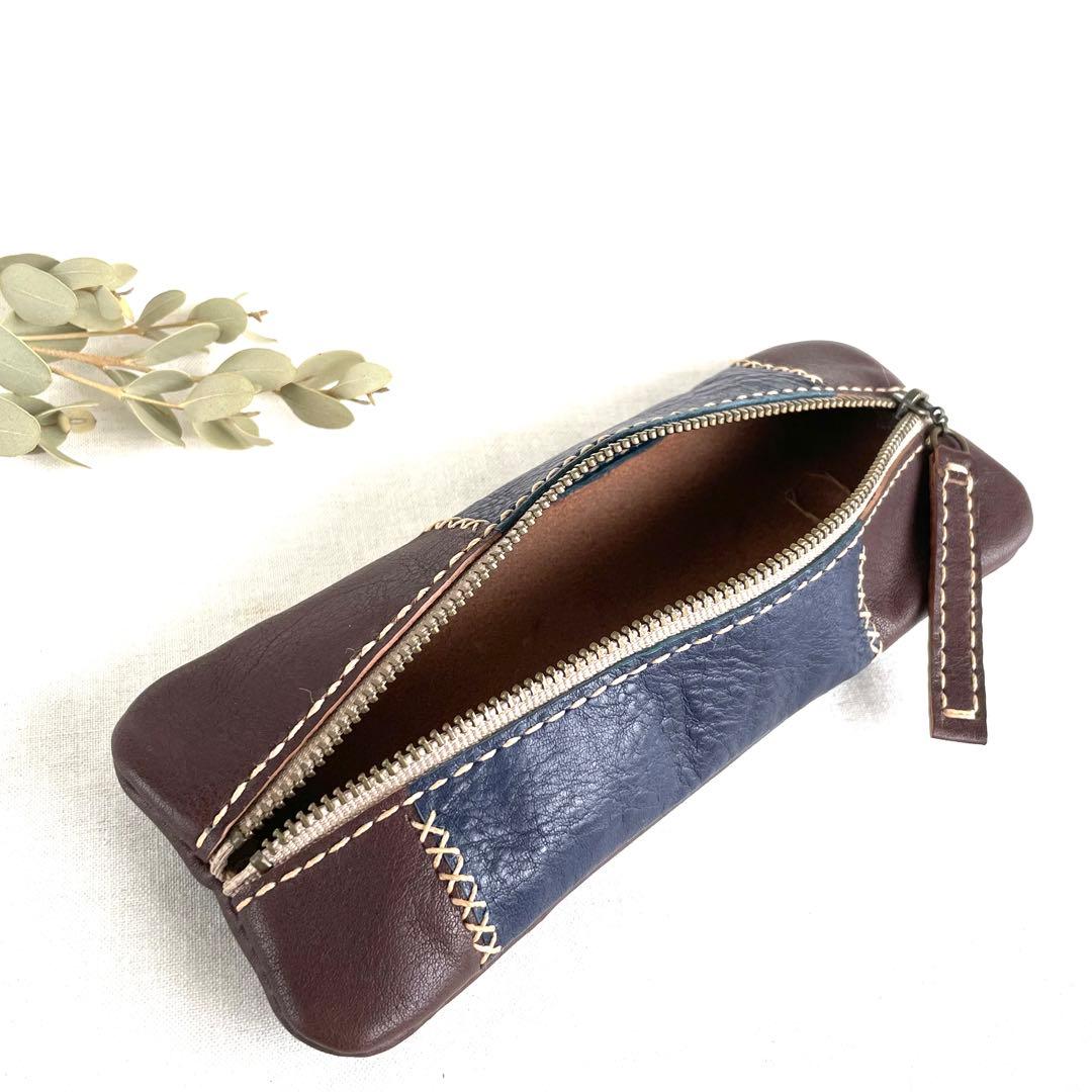 本革　パッチワークのペンケース(焦茶×ネイビー)/(焦茶×レッド)(焦茶×濃緑)