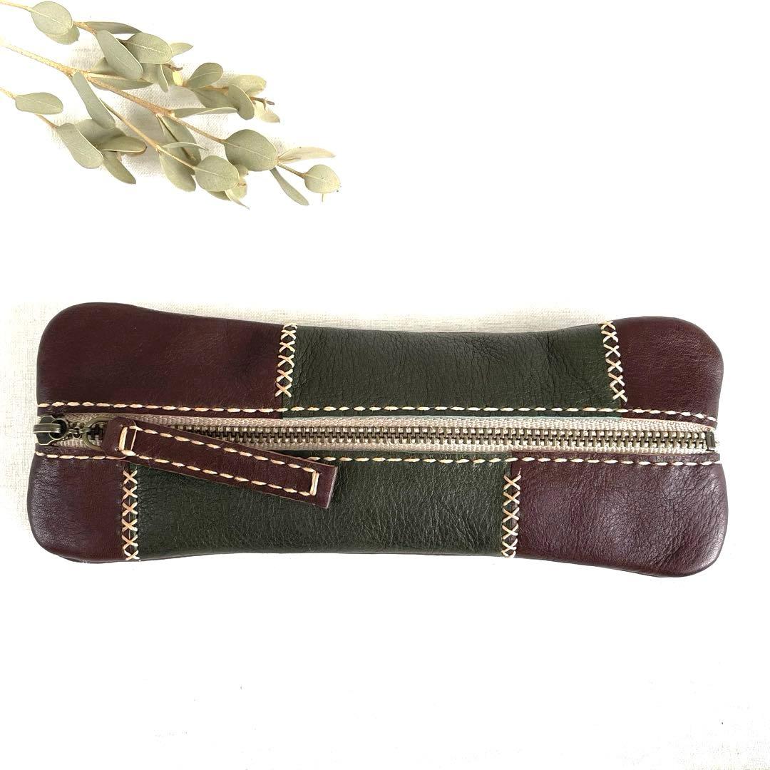 本革　パッチワークのペンケース(焦茶×ネイビー)/(焦茶×レッド)(焦茶×濃緑)