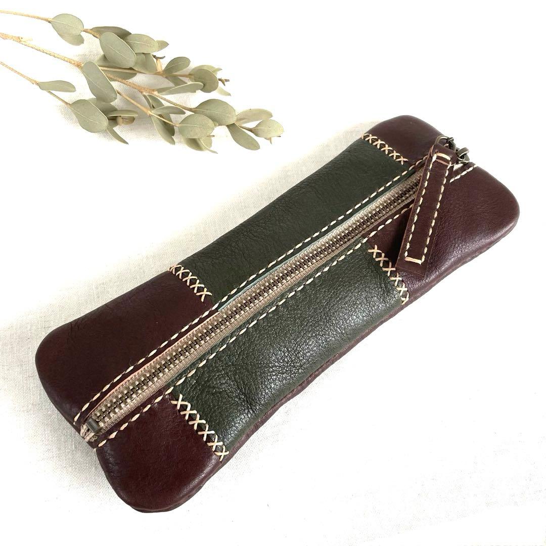 本革　パッチワークのペンケース(焦茶×ネイビー)/(焦茶×レッド)(焦茶×濃緑)