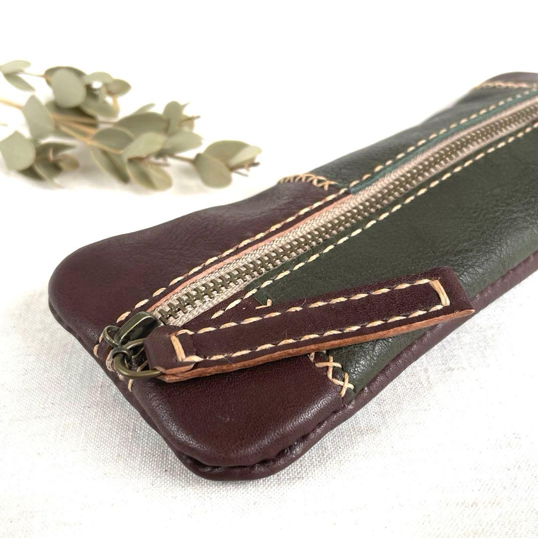 本革　パッチワークのペンケース(焦茶×ネイビー)/(焦茶×レッド)(焦茶×濃緑)