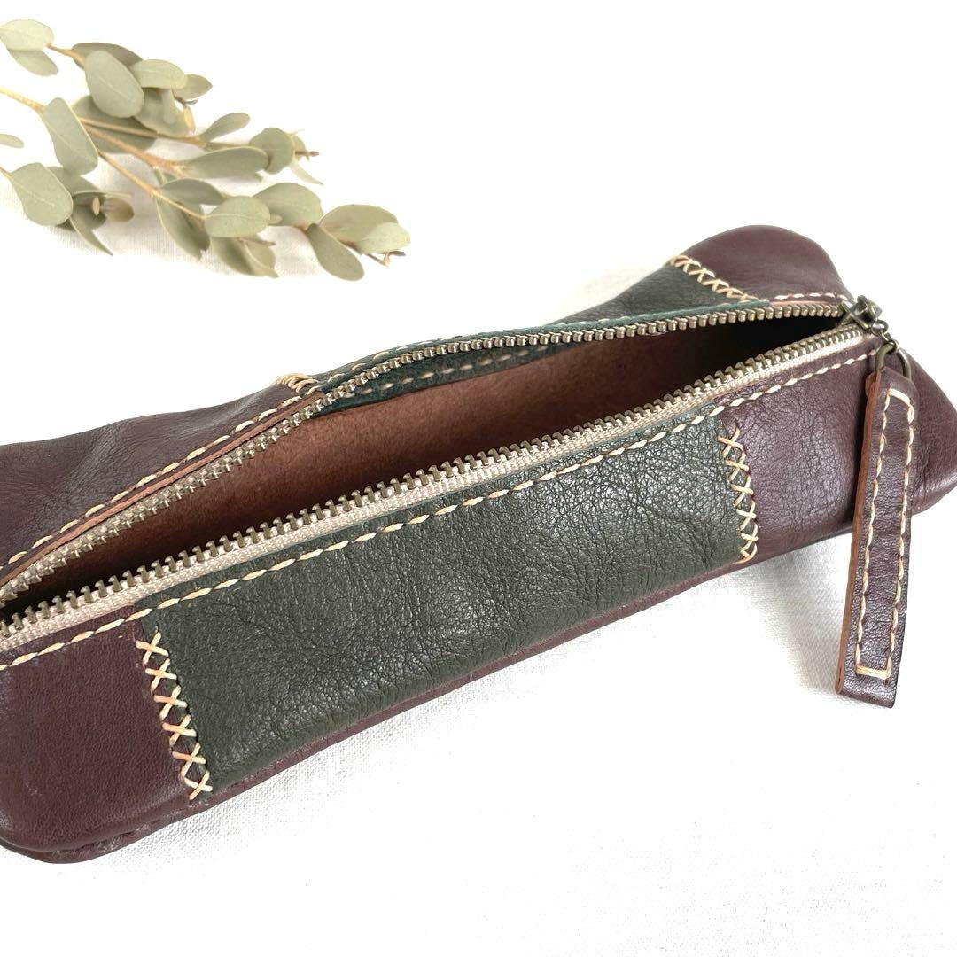 本革　パッチワークのペンケース(焦茶×ネイビー)/(焦茶×レッド)(焦茶×濃緑)