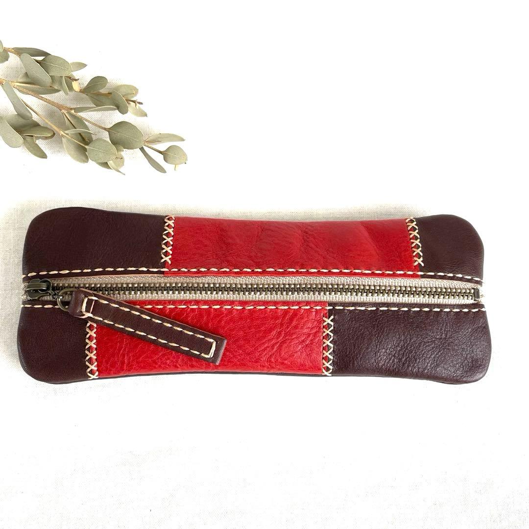 本革　パッチワークのペンケース(焦茶×ネイビー)/(焦茶×レッド)(焦茶×濃緑)