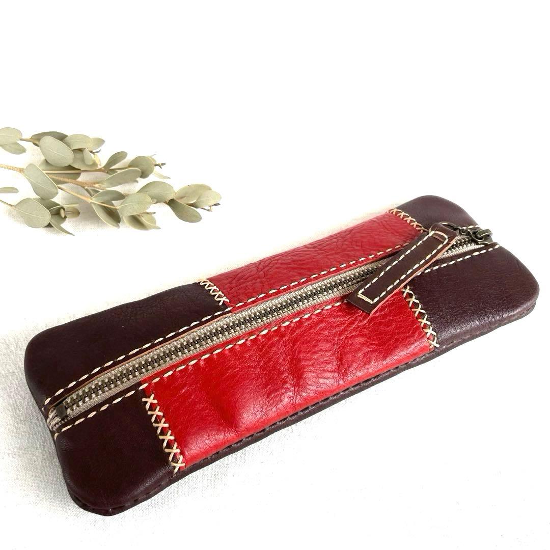 本革　パッチワークのペンケース(焦茶×ネイビー)/(焦茶×レッド)(焦茶×濃緑)