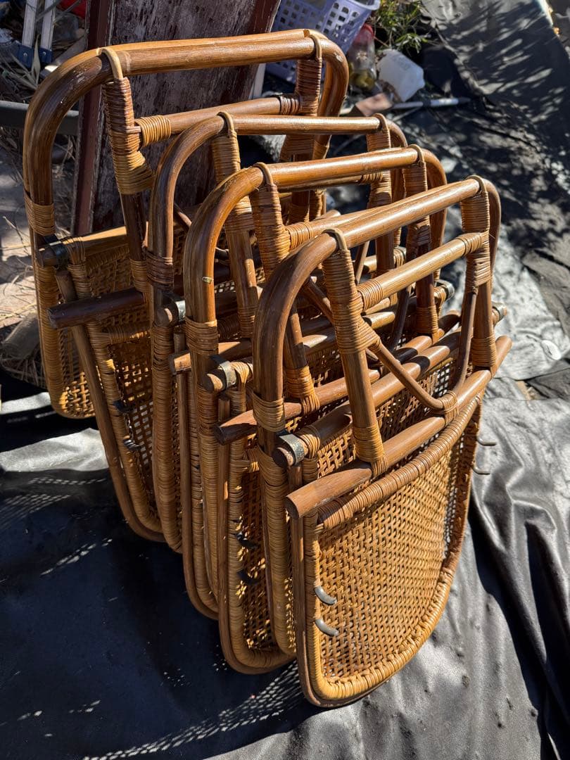 籐 ラタン 折りたたみ座椅子 4脚セット 和室 古民家 昭和レトロ 旅館仕様