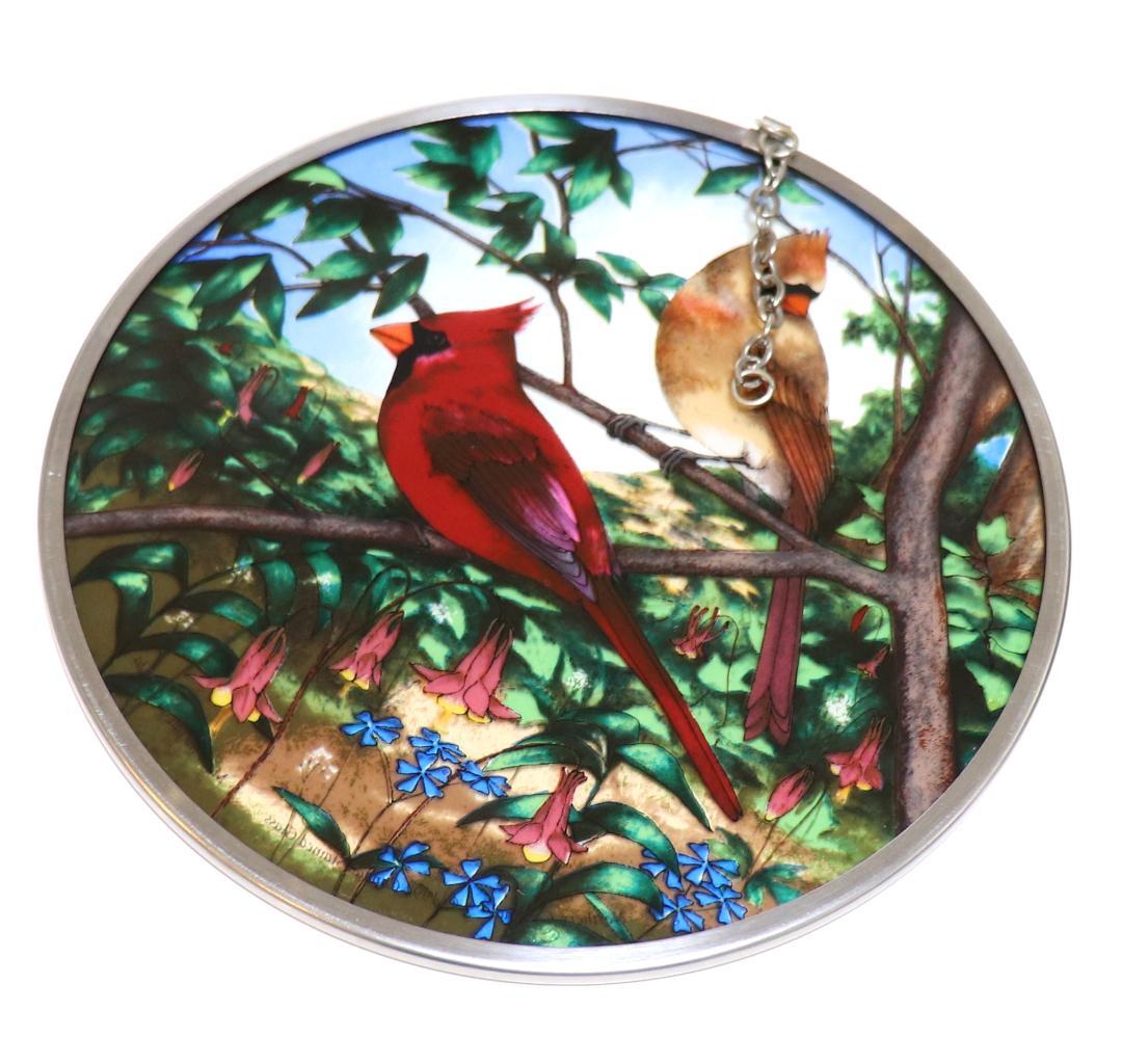 二匹のショウジョウコウカンチョウ 赤色と黄色 ヴィンテージ ステンドグラス