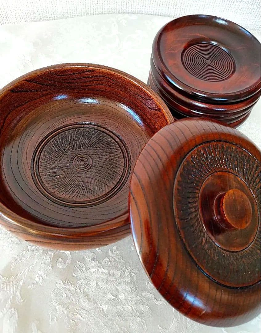 【新品】 山中漆器 高級蓋付菓子鉢茶托セット 天然木 漆塗 木製 菓子器 漆器