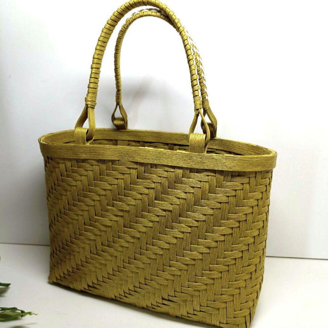 【２way】籠バック クラフトバンドバック からし レース花柄 アイボリーファー