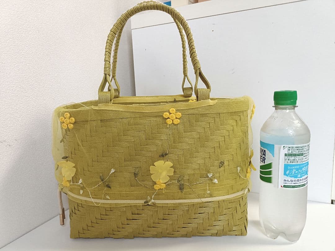 【２way】籠バック クラフトバンドバック からし レース花柄 アイボリーファー