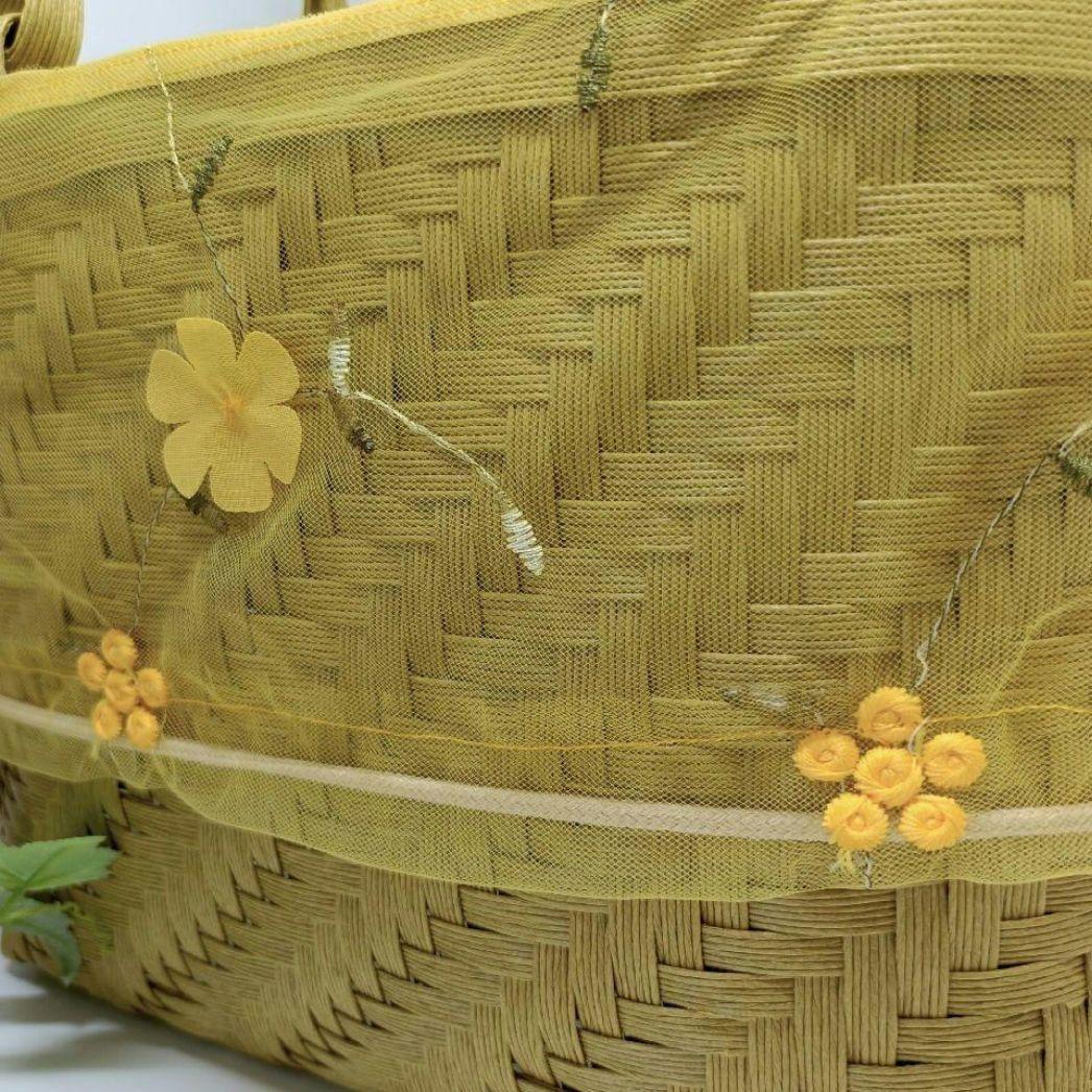 【２way】籠バック クラフトバンドバック からし レース花柄 アイボリーファー