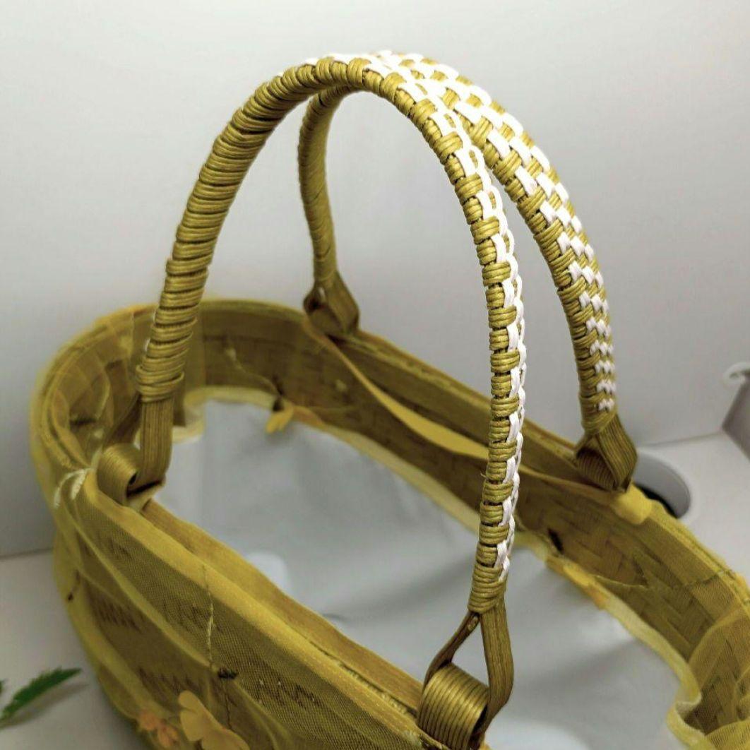 【２way】籠バック クラフトバンドバック からし レース花柄 アイボリーファー