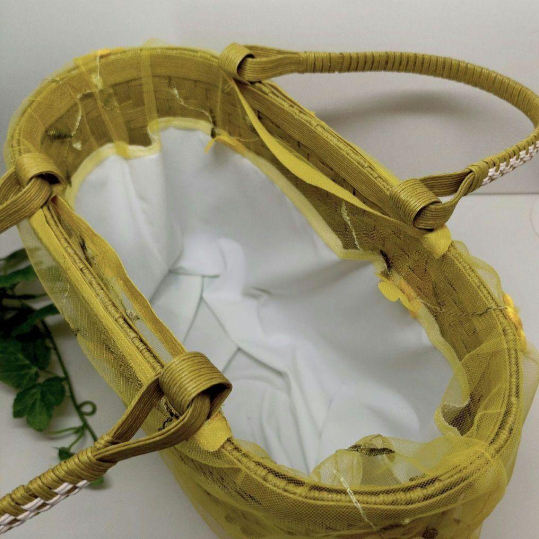 【２way】籠バック クラフトバンドバック からし レース花柄 アイボリーファー