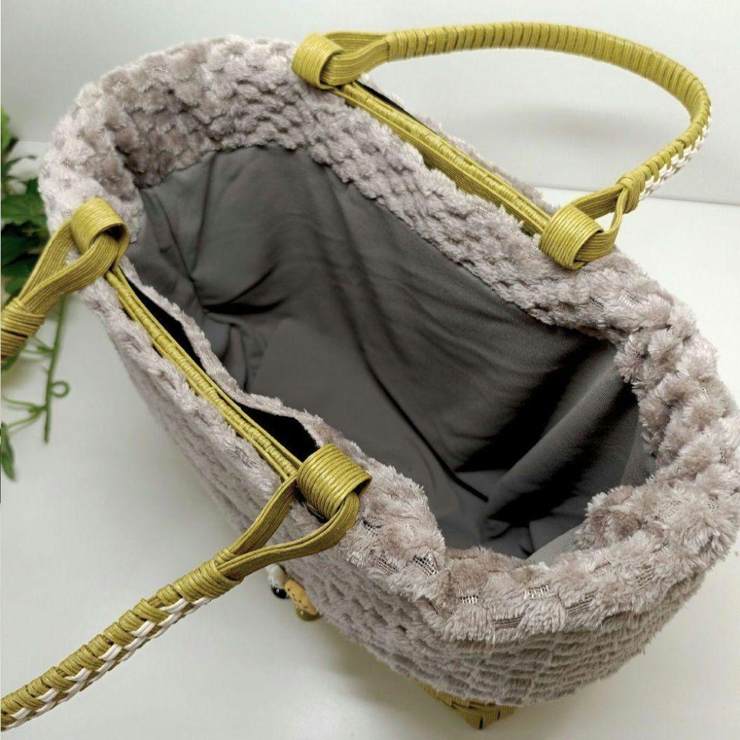 【２way】籠バック クラフトバンドバック からし レース花柄 アイボリーファー