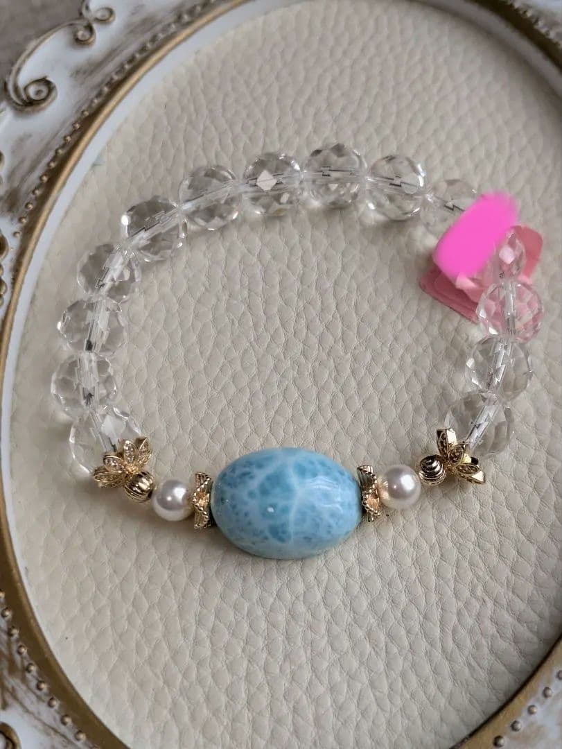 SALE ❦ラリマー&クリスタル天然石デザインブレスレット 内径16cm