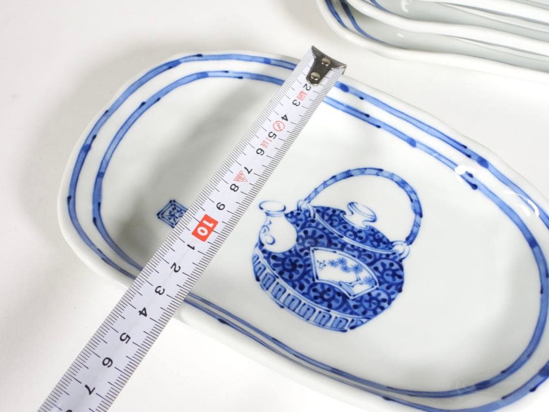 有田焼　美染窯　時代絵　焼物皿揃　5枚セット　絵変わり　変形楕円皿　染付