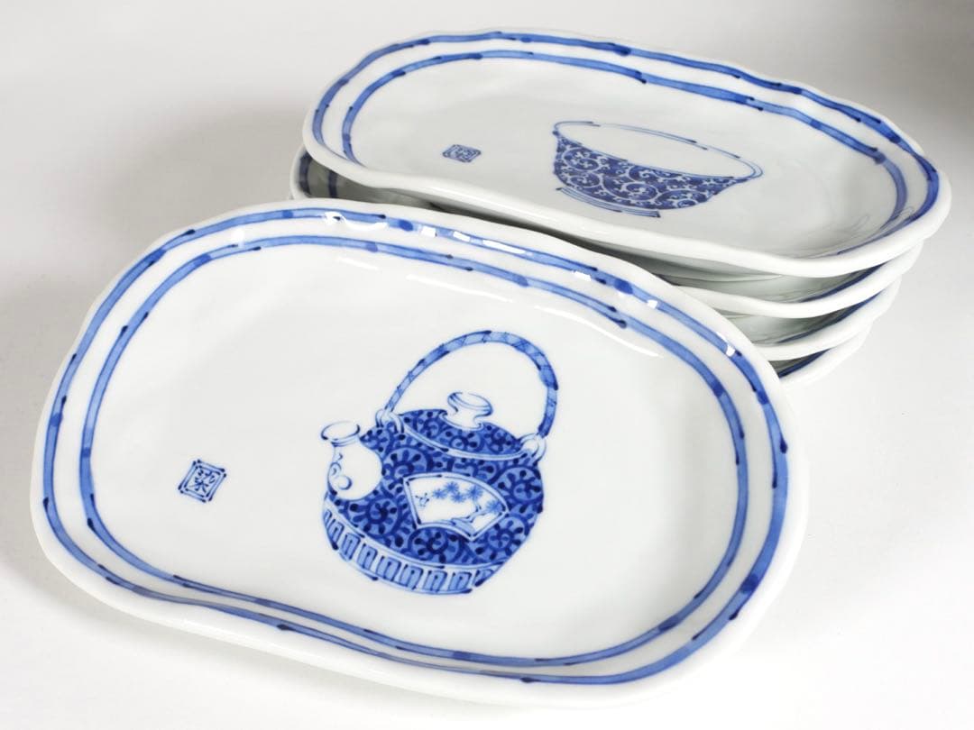 有田焼　美染窯　時代絵　焼物皿揃　5枚セット　絵変わり　変形楕円皿　染付