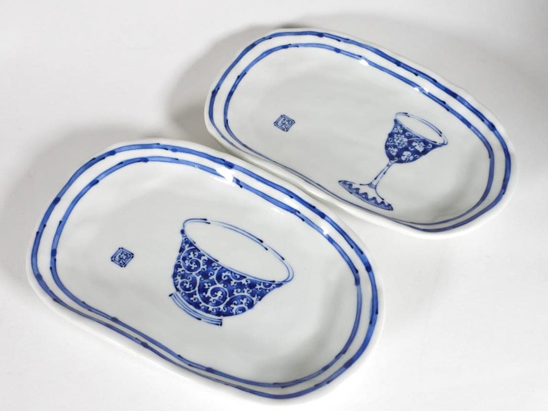 有田焼　美染窯　時代絵　焼物皿揃　5枚セット　絵変わり　変形楕円皿　染付