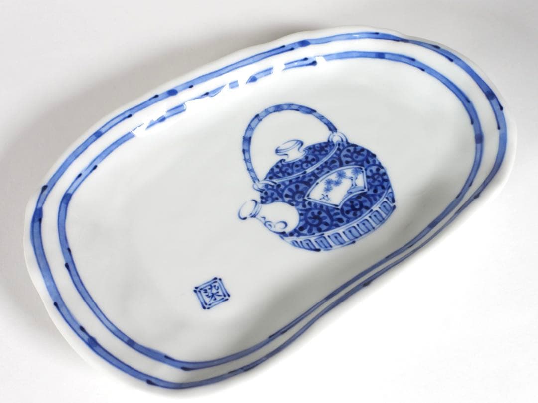 有田焼　美染窯　時代絵　焼物皿揃　5枚セット　絵変わり　変形楕円皿　染付