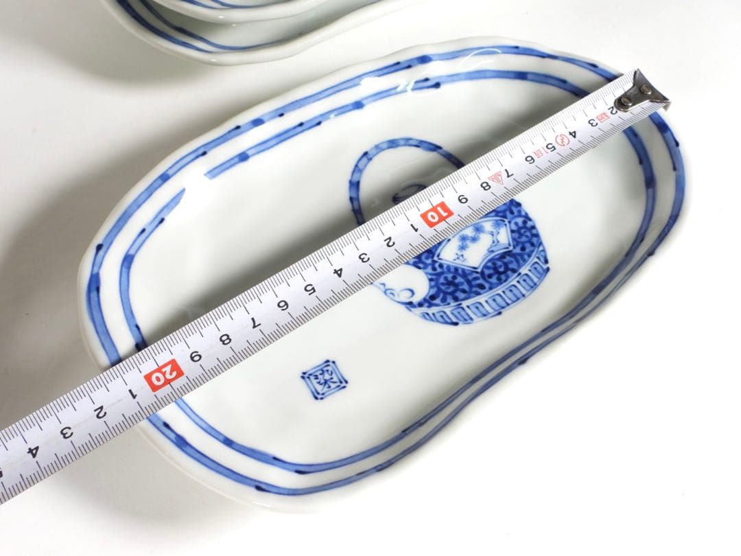 有田焼　美染窯　時代絵　焼物皿揃　5枚セット　絵変わり　変形楕円皿　染付