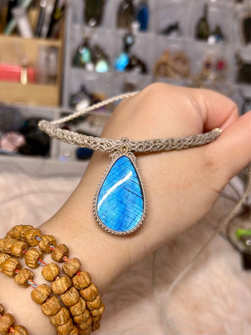 高品質青ラブラドライトマクラメチョーカー&ネックレス